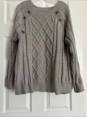 SHEIN Light Gray Cable Knit Button-Accent Sweater